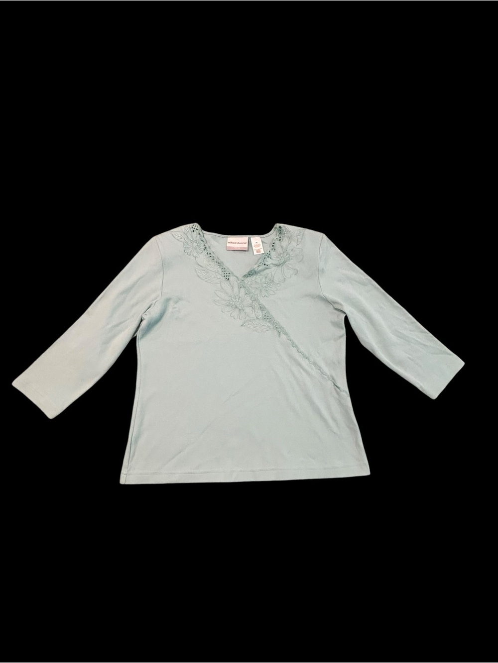 NEW Alfred Dunner Santorini Teal Long Sleeve Tee with Beaded Lace Detail P S